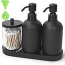 Matte Black Bathroom Accessories Set, 2 Soap Dispensers ,Clear Glass Qtip Holder with Lids ,and Vanity Tray for Organizing and Storing Bathroom Essential, Rustic Modern Kitchen Decor 4Pcs Set