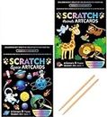 AK Store (Pack of 2, Space Astronaut & Animals Theme) Colorful Magic Scratch Paper Art Cards, DIY Art Book with Wooden Stylus Scratching Tool for Kids, Girls, Boys Birthday Gifts