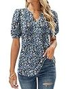 Womens T Shirts V Neck Summer Dressy Ladies Tops Comfy Flowy Tunic Cute Pleated Blouse Plus Size Floral Blue XL (UK 18-20)