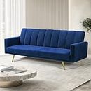 LEVEDE 3 Seater Sofa Bed Convertible, Velvet Loveseat Sofa Couch, Recliner Sofa Lounge with 3 Adjustable Backrest Positions, Spare Bed for Guest, Load Up to 220kg (197cm, Blue)