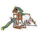 Backyard Discovery Tucson All Cedar Swing Set, Covered Upper Deck and Snack Bench Playhouse, Two Belt Swings, Trapeze Bar, 8 Ft Super Speedy Slide and Rock Climbing Ladder