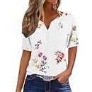 Summer Tops for Women 2024 Vacation Trendy V Neck Boho Short Sleeve T Shirts Casual Loose Comfy Tunic Clothes, White-03, 3XL