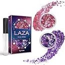 Laza Body Glitter, 2 Jars Holographic Chunky Sequins with Glitter Glue for Women Girls Eyeshadow Makeup Face Paint Festival Rave Outfits Hair Concert Accessories Carnival Party Costumes - Pink Violet