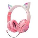 Cat Ear Wireless Bluetooth Headphone with Noise Canceling Microphone for Kids, LED Light Up Over Ear Headset with Stereo Sound Deep Bass Memory Foam Ear Pads for Online Class & Gaming, Pink