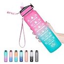 HYETA 32 OZ Water Bottle with Times to Drink and Straw, Motivational Time Marker Water Bottles with Strap, Leakproof & BPA Free, 1 Liter Reusable Sports Water Bottle for Fitness, Gym & Outdoors, Pink-Green