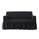 AQQWWER Housses de canapé 1/2/3/4 Seaters Seersucker Sofa Cover with Skirt Spandex Stretch Couch Covers for Living Room Anti-Dirty Decor Settee Slipcover (Color : Black, Size : 2 Seaters 140-185cm)