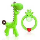 SHARE&CARE BPA Free 2 Silicone Giraffe Baby Teether Toy with Storage Case, for 3 Months Above Infant Sore Gums Pain Relief, Set of 2 Different Teething Toys (Green)