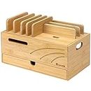 Homde Natural Bamboo Charging Station Rack for Multiple Devices Cable Cord Management Box Organizer Holder with 6 Slots Drawer for Chargers Phones Tablets Watches Electronics (Natural)