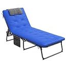 Outsunny Folding Lounge Chair with 4-Level Reclining Back, Outdoor Tanning Chair with Cushion, Outdoor Lounge Chair with Breathable Mesh Fabric, Side Pocket, Headrest, Blue