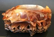 Chinese Carved Agate Brush Washer on Fitted Wood Stand 19th C （清冰糖玛瑙文房水洗）
