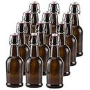 Ilyapa 16 Ounce Amber Swing Top Glass Beer Bottles for Home Brewing - Carbonated Drinks, Kombucha, Kefir, Soda, Juice, Fermentation, 12 Pack Glass Bottle with Airtight Rubber Seal Flip Caps