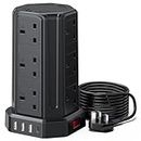 AODENG Tower Extension Lead with USB Slots 5M, 12 Way Outlets Multi Plug Extension Tower with 4 USB Slots (1 Type C & 3 USB Ports), Surge Protector Long Extension Lead tower for Home, Office, Kitchen
