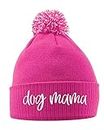 Dog Mama Bobble Hat, Dog Walking Accessories Birthday Gifts For Dog Mum Warm Winter Knitted Beanie Hat with Faux Fur Pom Pom for Womens Girls Mothers Day, One Size, Bright Pink