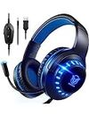 Pacrate Gaming Headset for PS4 PC Xbox One Headset with Microphone Noice Cancelling Stereo Surround Sound Headphone with LED Light Intense Bass for PC Laptop Mac (Black Blue)
