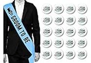 Hubops Groom to be sash with 20 pcs Team Groom pin Badge for Bachelors Party Props Supply Decorationh Combo Pack (Blue Combo)