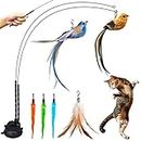 Cat Feather Toys, Cat Toys Wand, Interactive Cat Toy with Super Suction Cup, 2 PCS Cat Wand Toy and 6 PCS Feather Replacements with Bell, Interactive Cat Toy Kitten Toys for Indoor Play Chase Exercise (Natural)