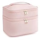 HBlife Double Layer Travel Makeup Bag Portable Cute Leather Cosmetic Bag Large Make Up Bag Makeup Case Organizer Toiletry Bag for Women Girls with Handle and Removable Divider(Pink)