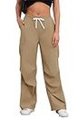 LAOLASI Women's Cargo Pants Elastic Waisted Hiking Outdoor Loose Wide Leg Baggy Y2K Streetwear Trousers with 4 Pockets,Khaki,XL