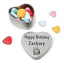 Happy Birthday Zachary Mini Silver Heart Shaped Tin Gift filled with chocolates Great Birthday present for Zachary Show somebody you are thinking of them