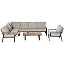 Outsunny 6-Piece L-Shaped Patio Furniture Set for 7, Aluminium Conversation Set Sectional Corner Sofa Set with Widened Seat, Teak Wood Top Coffee Table & Cushions, Cream White
