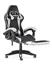 Bigzzia Gaming Chair with Footrest Office Desk Chair Ergonomic Computer Chair PU Leather Reclining High Back Adjustable Swivel Lumbar Support Racing Style E-Sports Video Gamer Chairs (Black/White)