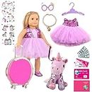 17 Pcs American 18 inch Girl Doll Clothes and Accessories - Big Travel Suitcase Luggage Unicorn Doll Sunglasses Passport Necklace Travel Play Set Fits Our Generation Doll Accessories (Style 3)