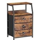 Furnulem Nightstand with 3 Drawers and 2-Tier Shelf, Fabric Small Dresser Organizer Vertical Storage Tower for Bedroom, Closet, Hallway, Nursery, End Table Side Furniture, Sturdy Steel Frame, Wood Top
