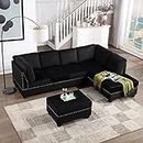 Prohon Oversized Reversible Sofa with Storage Ottoman, Cup Holder, 3 Pieces Rivet Living Room Furniture Set w Ornament Convertible Chaise Modern Modular Sectional Couch, Black