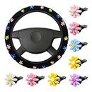 Cute Flower Car Accessories Set for Women Girls Embroidery Floral Steering Wheel Cover for Universal Fit 14.5-15 Inch with 8 Pcs Colorful Daisy Car Air Vent Clips Automotive Car Interior Decorations