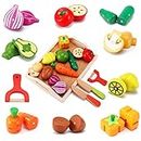 CARLORBO Wooden Toys Food for Kids Kitchen - Play Food Cutting Fruits and Vegetables Set for Pretend Role Play, Learning Toys Gift for Kids Toddlers 3 Years up