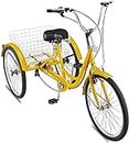 VEVOR Yellow Adult Tricycle 7 Speed Wheel Size Cruise Bike 26 Inch Adjustable Trike with Bell, Brake System Cruiser Bicycles Large Size Basket for Shopping