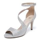 FW FRAN WILLOR Women’s Fashion Stilettos Open Toe Dressy Heel Sandals Ankle Strappy Heels Dress Wedding Bridal Shoes Silver Glitter