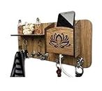 Kenware MDF Wooden Wall Mounted Designer Key Holders & Mobile Holder Stand for Home Decor | Stylish Hook Stand Organizer for Home | Office & Living Room Hanging(Lotus Design Printed)