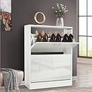 High Gloss White Shoe Cabinet with 2 Drawer, Pull Down Wooden Shoe Storage Organizer Cupboard Shoes Rack Cabinet Freestanding Footwear Rack Stand Hallway, Entryways, Living Rooms 60W x 24D x 80H cm