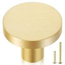 QOGRISUN 10-Pack Solid Brass Cabinet Knobs, Round Gold Pulls Handles for Dresser Drawer, 1-Inch Diameter, Modern Kitchen Hardware, Brushed Brass Finish