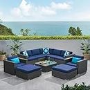 LOCCUS 7 Pieces Patio Furniture Sets Clearance, Patio Dining Sofa Set Outdoor Sectional Sofa Conversation Set All Weather Wicker Rattan Couch & Chair with Ottoman (Dark Blue)