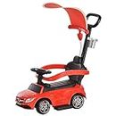 Aosom 3 in 1 Ride on Push Cars for Toddlers, Stroller Sliding Walking Car with Sun Canopy, Horn, Music, Safety Bar, Cup Holder and Storage, Red