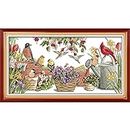CROSSDECOR Stamped Cross Stitch Kits，Cross-Stitching Pattern for Home Decor, 14CT Pre-Printed Fabric Embroidery Crafts Needlepoint Kit-Birds Gather in Garden