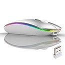 Wireless Mouse, LED Rechargeable Silent Slim Laptop Mouse, USB Receiver Portable Mobile Optical Office Computer Mice Compatible for Apple Laptop/iPad Tablet Mac/PC/Phone (Silver)