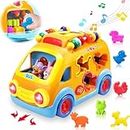 Hauinuey Crawling Toys for 1 Year Old Boys Gifts Baby Toys 6 to 12-18 Months Musical Learning Car Toys for Toddlers 1-3 Educational Infant Bus with Animal Sounds/Blocks Birthday Christmas for Girls