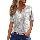 Womens Short Sleeve Tops V Neck Printed Blouse Tees Fashion Button Pullover Casual Plus Size 2024 Summer T Shirt Plus Size Womens Tshirts Cotton Loose Fit（4-Gray,L）