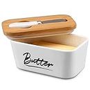 Elisco Ceramic Butter Dish with Lid for Countertop,Large Butter Keeper with Knife,Porcelain Covered Butter Holder and Container,Perfect for East West Coast White