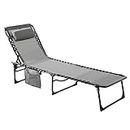 MUPATER 4-Fold Patio Chaise Lounge Chair for Outdoor with Detachable Pocket and Pillow, Portable Sun Lounger Recliner for Beach, Camping and Pool, Grey