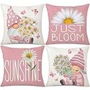 Gujiahone Pink Spring Summer Throw Pillow Covers 18 x 18 Set of 4 Daisy Floral Gnomes Sunshine Decorative Cushion Case for Sofa Couch Patio