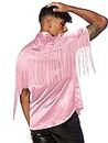 WDIRARA Men's Button Front Short Sleeve Fringe Trim Party Shirt Collar Club Tops Pink S