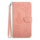 YBFJCE iPhone 6 / iPhone 6S Wallet Case,Flip Cover with Card Holder and Wrist Strap,iPhone 6 Flip Folio PU Leather Kickstand Butterfly Flower Protective Case Cover for iPhone 6S,Pink