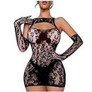 Women's Lace Fishnet Dress Crewneck Hollow Out Slim Valentine Erotic Lingerie Mini Bodycon Dress with Gloves 2023, 2023 Clearance Prime Black