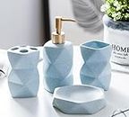 UMAI 4 Pcs Ceramic Bathroom Accessories Set - Tooth Brush Holder, Water Cup (380ml), Soap Dispenser (380ml), Soap Holder Dish for Bathroom (Blue)