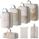 Compression Packing Cubes, Travel Packing Cubes Set of 7 Travel Packing Organisers Storage Bags Clothing Sorting Packages Travel Essentials Expandable Travel Bags Organizer for Luggage-Skyblue-Beige