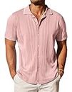 COOFANDY Men's Knit Button Down Shirt Vintage Short Sleeve Polo Shirts Casual Beach Tops Light Pink
